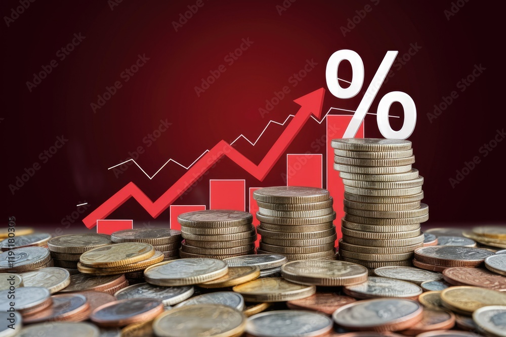Poster rising interest rates shown with a graph and stacks of coins illustrating financial growth and incre