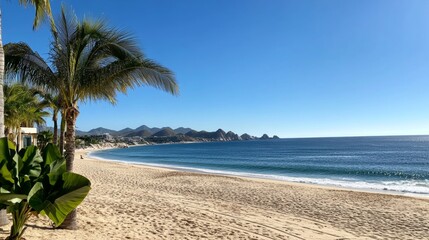 Fototapeta premium Stunning Beachfront Paradise with Palm Trees and Ocean View