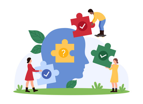 Mental health, find right solution to clear understand problem, psychology. Tiny people holding lost color pieces with checkmarks for puzzle game inside human head cartoon vector illustration