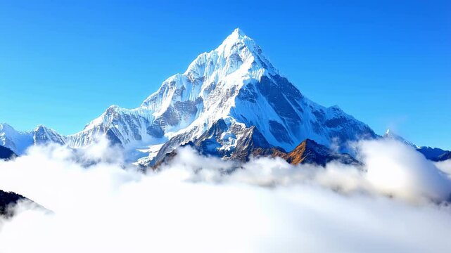 Majestic snow-covered mountain peak touching clear blue sky