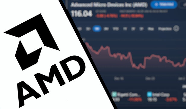 Dhaka, Bangladesh- 12 Jan 2025: AMD logo is displayed on smartphone. Advanced Micro Devices Inc (AMD) is an American multinational corporation and technology company.