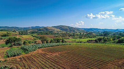 Fototapeta premium Scenic Aerial View of Verdant Agricultural Fields and Rolling Hills