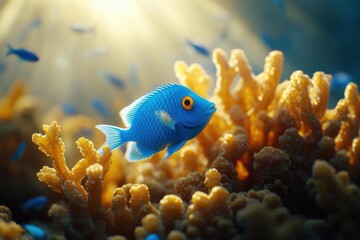 Obraz premium Blue tang surgeonfish swimming in vibrant coral reef scene