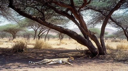african cheetah resting under an acacia tree in the savanna during the dry season, showcasing natural habitat and wildlife photography