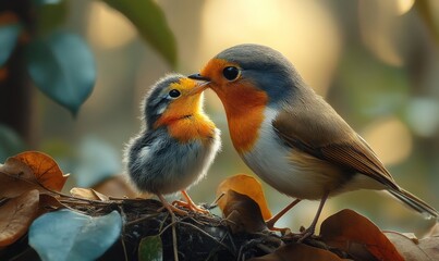 Parent robin feeding baby bird.
