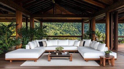 Fototapeta premium Luxurious White Sofa in Modern Tropical Villa Surrounded by Lush Greenery and Natural Light