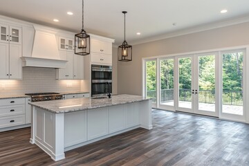 Bright kitchen with white cabinets, granite island, and hardwood floors. Ideal for showcasing modern home design, real estate, or kitchen appliances.