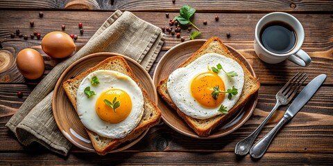 Warm Breakfast: Toasted Bread, Fried Eggs & Coffee on Rustic Wood