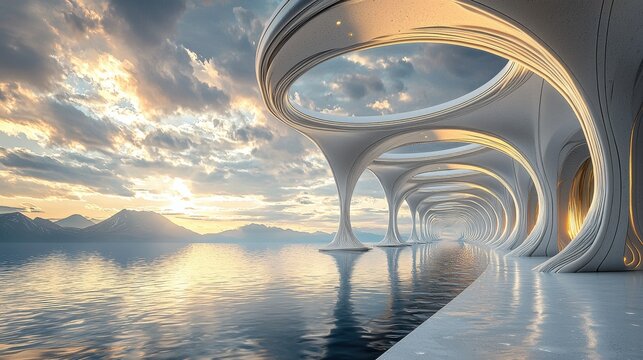 Majestic sunrise over futuristic architecture serene waterfront digital art calm environment wide angle contemporary aesthetics