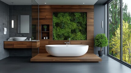 Fototapeta premium Modern Minimalist Bathroom Design with Freestanding Tub and Indoor Plants for Serenity and Relaxation