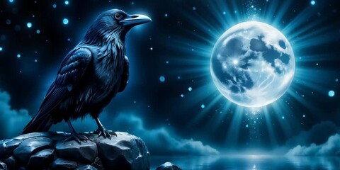 A crow is perched on a rock in front of a full moon. The image has a mysterious and ethereal mood, with the moon casting a soft glow on the scene. The crow's presence adds an element of intrigue