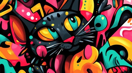 Obraz premium Abstract Colorful Cat Amidst Vibrant Graffiti Art