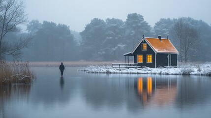 Fototapeta premium Solitary figure by snowy lake, reflecting a cozy house with warm lights.