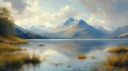 Serene mountain lake landscape with calm water, reflecting majestic peaks under a partly cloudy sky.