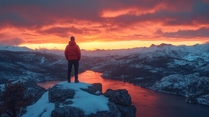 Fototapeta premium Person enjoying a breathtaking sunset view over a snowy mountain landscape with a lake in the foreground