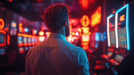 Individual observing illuminated slot machines in a vibrant casino at night