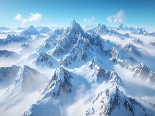 Obraz premium Aerial view of majestic snow-covered mountains high altitude nature clear blue sky serene landscape