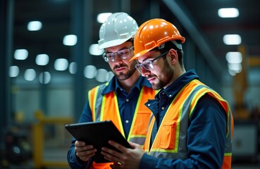 Two engineers in safety gear examine digital tablet. Work in factory. Industrial setting. Review data for tech support. Team analysis. Consult. Pro tech team. Manufacturing plant. Heavy machinery.