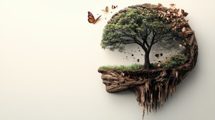 Think Green- human brain with green trees. World environment day and nature conservation day background. Green mental health concept isolated on white background. Generative AI.