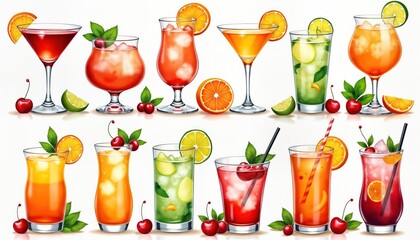 Colorful collection of drinks, cocktails in various glasses. Watercolor style illustration features different cocktails like margaritas, mojitos, tropical beverages. Citrus fruits like oranges,