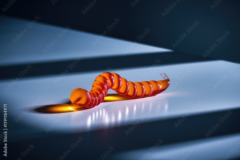 Aufkleber a translucent orange spiral object resembling a worm, artfully illuminated on a reflective surface.