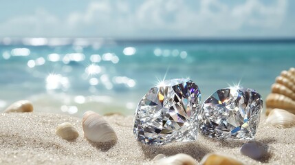 Two sparkling diamonds on a beach with seashells and the ocean in the background.