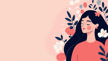 Illustration of a woman surrounded by colorful flowers on pastel background, celebrating International Women’s Day, minimalist design perfect for empowerment themes.