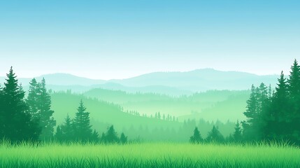 Fototapeta premium Serene Green Mountainscape with Lush Grassland and Evergreen Trees
