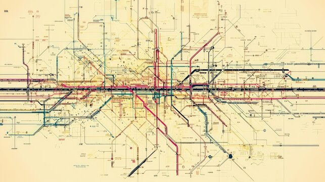 Detailed Vintage Subway Map with Colorful Rail Line Illustrations