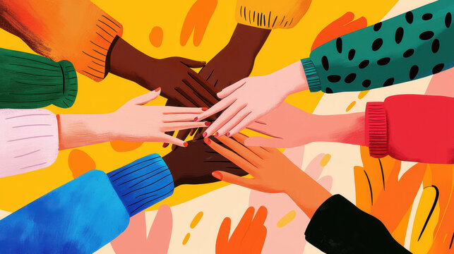Colorful illustration of diverse hands coming together in unity and support