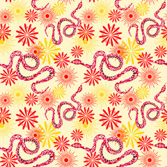 Chinese New Year themed seamless pattern with red snakes and festive elements on ivory background for wrapping paper. 2025 Chinese New Year, the Year of the Snake.