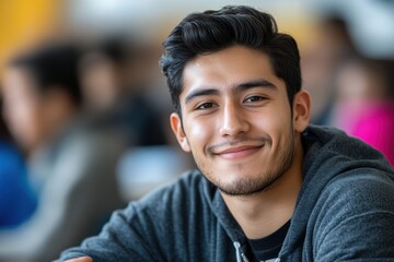 Fototapeta premium Portrait of a smiling young Hispanic man. Ideal for themes of education, youth, or diversity.