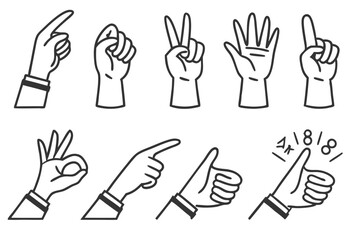 Fototapeta premium Hand gestures, minimalist icons, black and white illustrations, line drawings, emoji-style graphics, sign language symbols, finger counting, pointing hands, waving hands, thumbs up, peace sign, open p