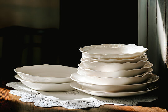 Pile d'assiettes et jattes anciennes en porcelaine blanche pos&eacute;e sur une table en bois