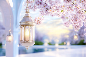 Fototapeta premium Romantic Cherry Blossom Lantern: A delicate white lantern glows softly, suspended beneath a canopy of vibrant pink cherry blossoms, creating a romantic and serene scene.