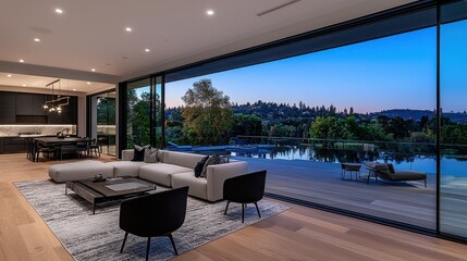 Obraz premium Modern Living Room with Floor-to-Ceiling Windows Overlooking a Scenic Outdoor View at Dusk