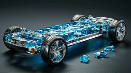 Fototapeta premium Vibrant blue electric vehicle showcasing advanced automotive technology and lithium battery system