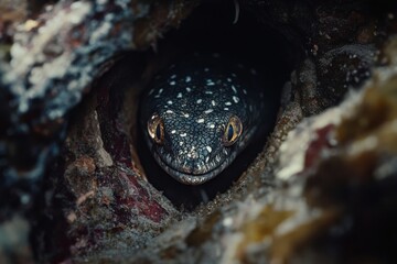 Fototapeta premium Hidden Dark Moray Eel Coiled in Coral Crevice Seascape