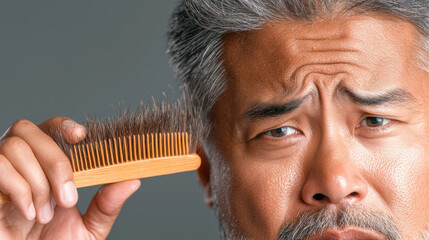 Close up of man hand combing sparse gray hair with wooden comb, showing thoughtful expression