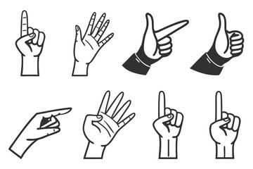 Hand gestures, minimalist icons, black and white illustrations, line drawings, emoji-style graphics, sign language symbols, finger counting, pointing hands, waving hands, thumbs up, peace sign, open p