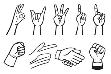 Hand gestures, minimalist icons, black and white illustrations, line drawings, emoji-style graphics, sign language symbols, finger counting, pointing hands, waving hands, thumbs up, peace sign, open p