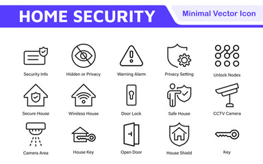 Home Security Icon Set. A comprehensive collection of icons focused on safety and protection, perfect for enhancing security apps, websites, and marketing materials aimed at home safety solutions.