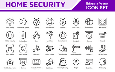 Home Security Icon Set. A comprehensive collection of icons focused on safety and protection, perfect for enhancing security apps, websites, and marketing materials aimed at home safety solutions.