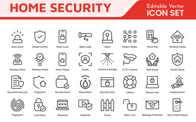 Home Security Icon Set. A comprehensive collection of icons focused on safety and protection, perfect for enhancing security apps, websites, and marketing materials aimed at home safety solutions.