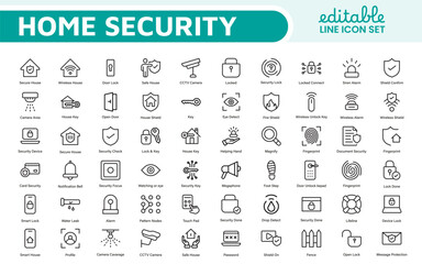 Home Security Icon Set. A comprehensive collection of icons focused on safety and protection, perfect for enhancing security apps, websites, and marketing materials aimed at home safety solutions.