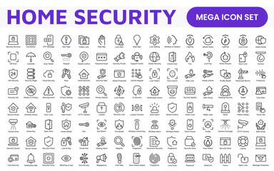 Home Security Icon Set. A comprehensive collection of icons focused on safety and protection, perfect for enhancing security apps, websites, and marketing materials aimed at home safety solutions.