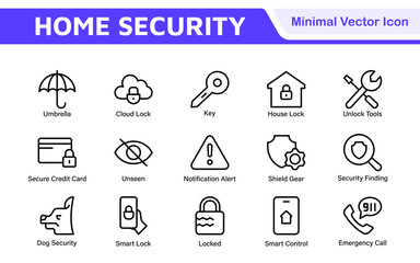 Home Security Icon Set. A comprehensive collection of icons focused on safety and protection, perfect for enhancing security apps, websites, and marketing materials aimed at home safety solutions.