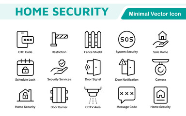 Home Security Icon Set. A comprehensive collection of icons focused on safety and protection, perfect for enhancing security apps, websites, and marketing materials aimed at home safety solutions.