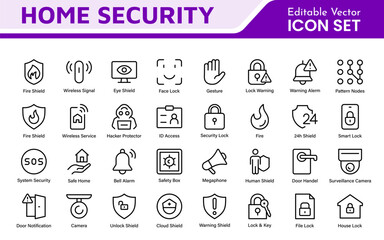 Home Security Icon Set. A comprehensive collection of icons focused on safety and protection, perfect for enhancing security apps, websites, and marketing materials aimed at home safety solutions.