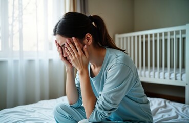 Woman sits on bed in home room. Unhappy, covers face with hands. Appears to suffering from postnatal depression. Baby crib visible in background. Scene suggests emotional distress, postpartum pain.